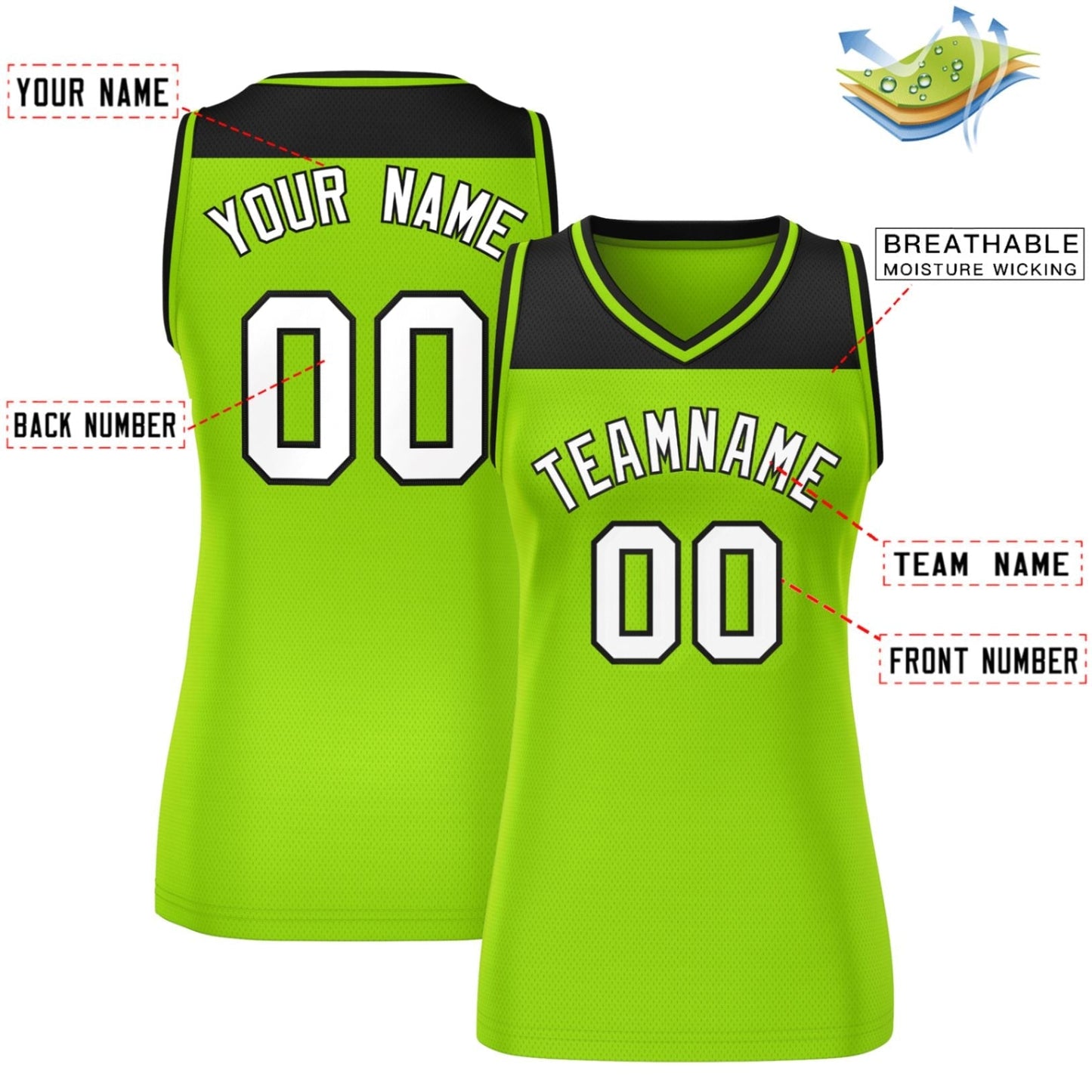 Custom Black Neon Green Color Block Fashion Tops Mesh Basketball Jersey For Women Limited