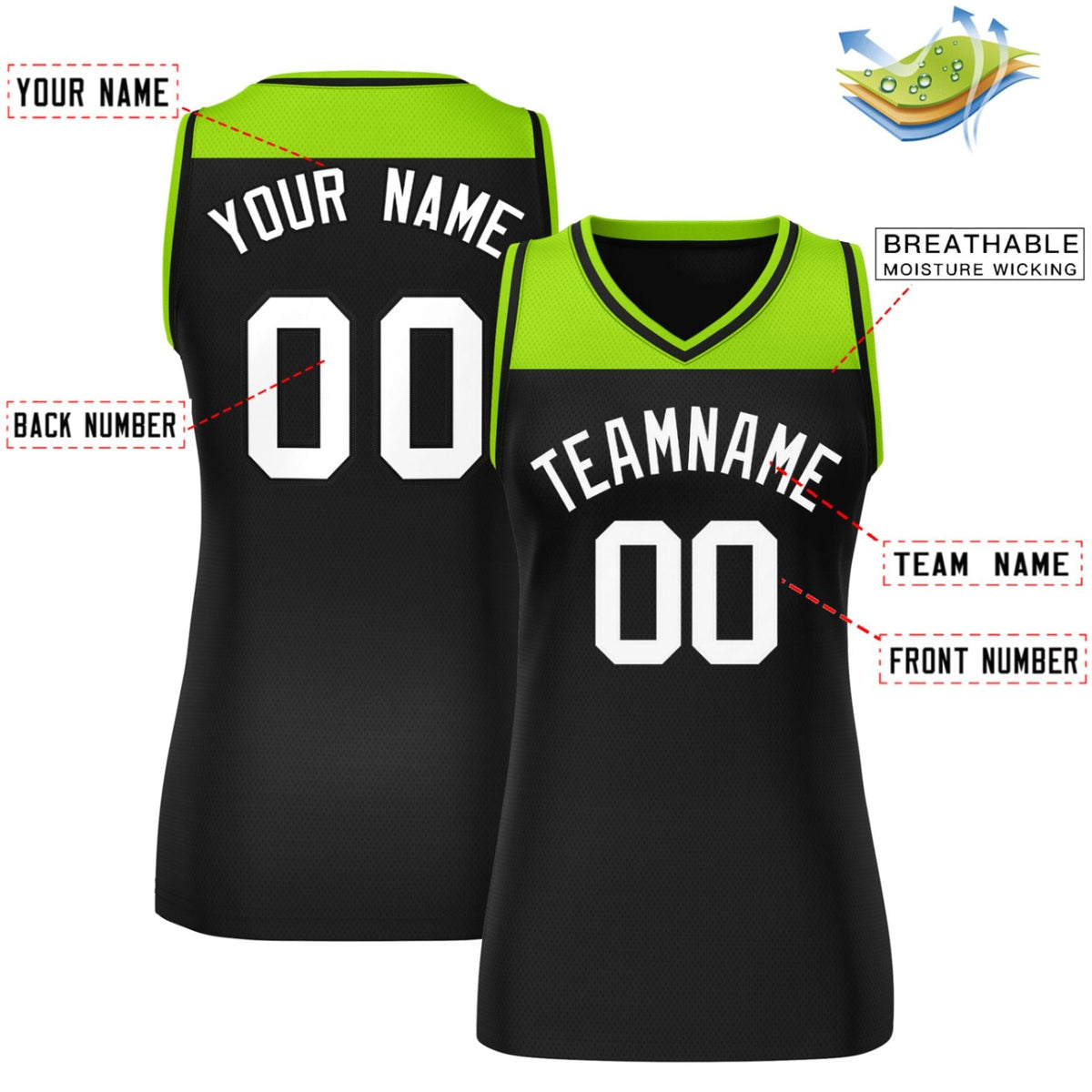 Custom Neon Green Black Color Block Fashion Tops Mesh Basketball Jersey For Women Limited