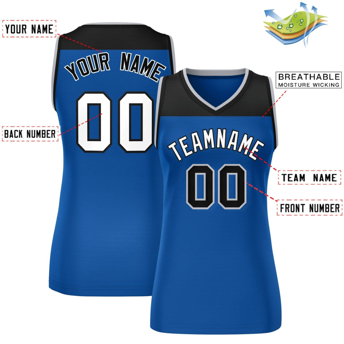 Custom Black Royal Color Block Fashion Tops Mesh Basketball Jersey For Women Limited