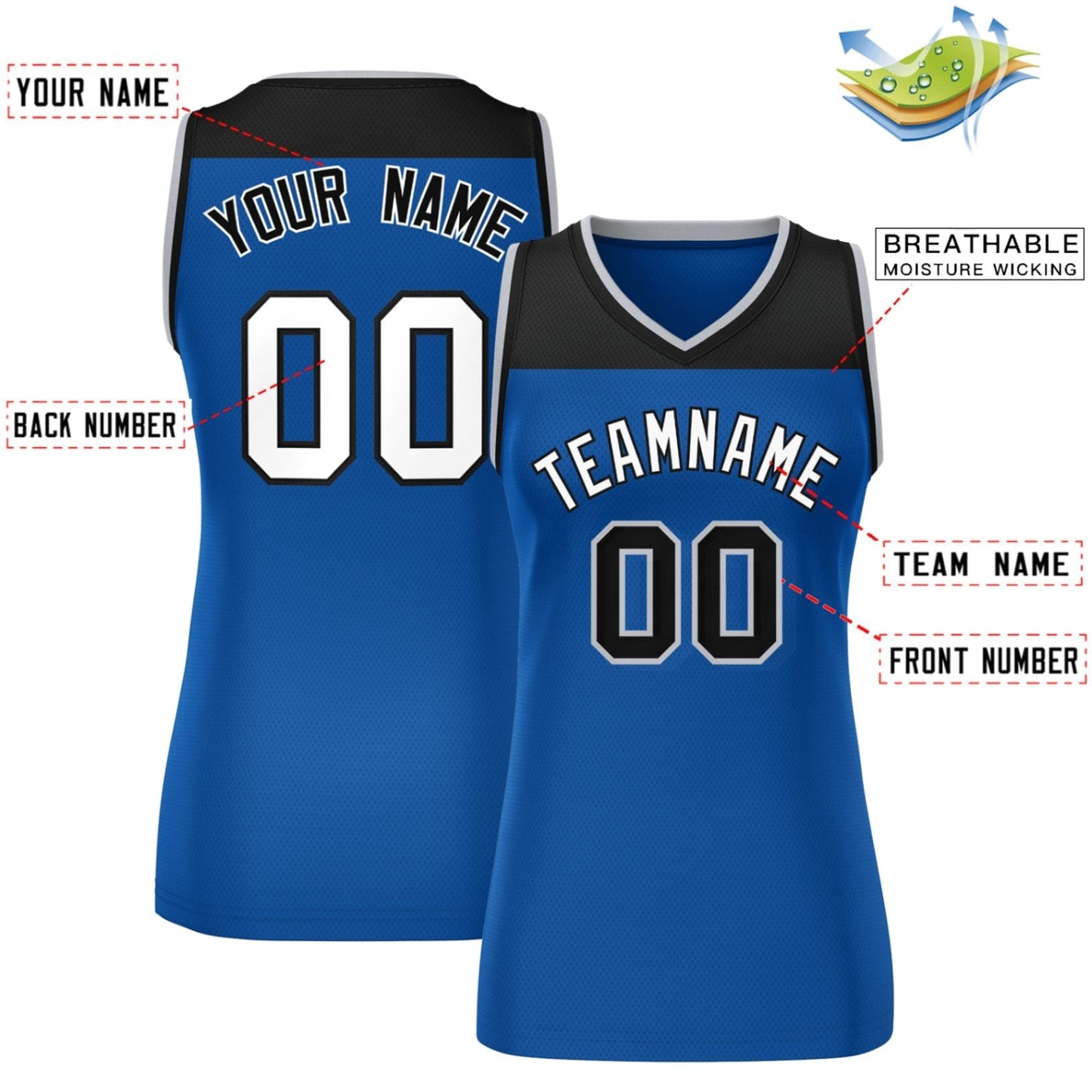 Custom Black Royal Color Block Fashion Tops Mesh Basketball Jersey For Women Limited