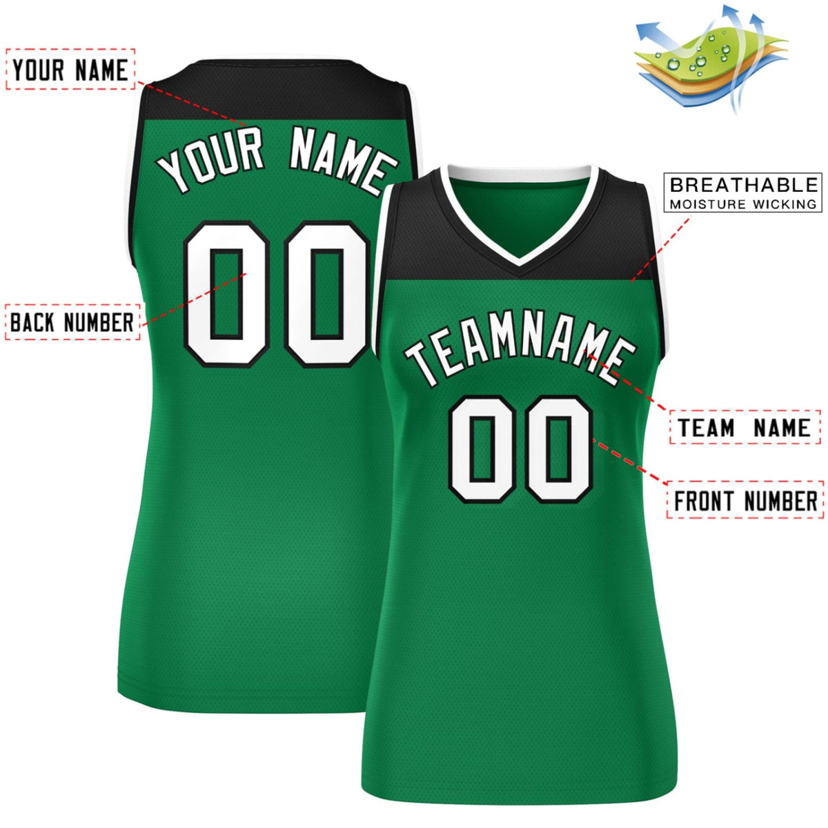 Custom Black Kelly Green Color Block Fashion Tops Mesh Basketball Jersey For Women Limited