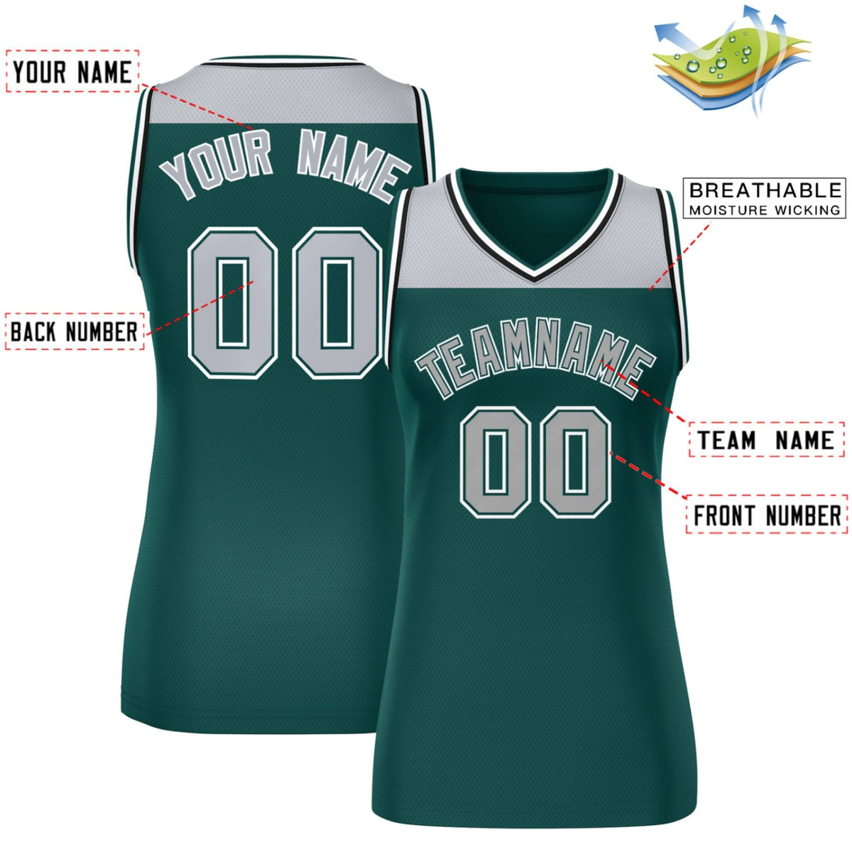 Custom Gray Midnight Green Color Block Fashion Tops Mesh Basketball Jersey For Women Limited