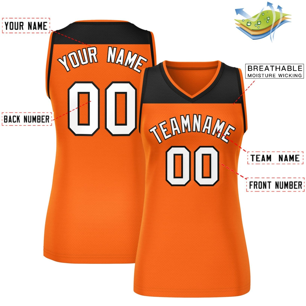 Custom Black Orange Color Block Fashion Tops Mesh Basketball Jersey For Women Limited
