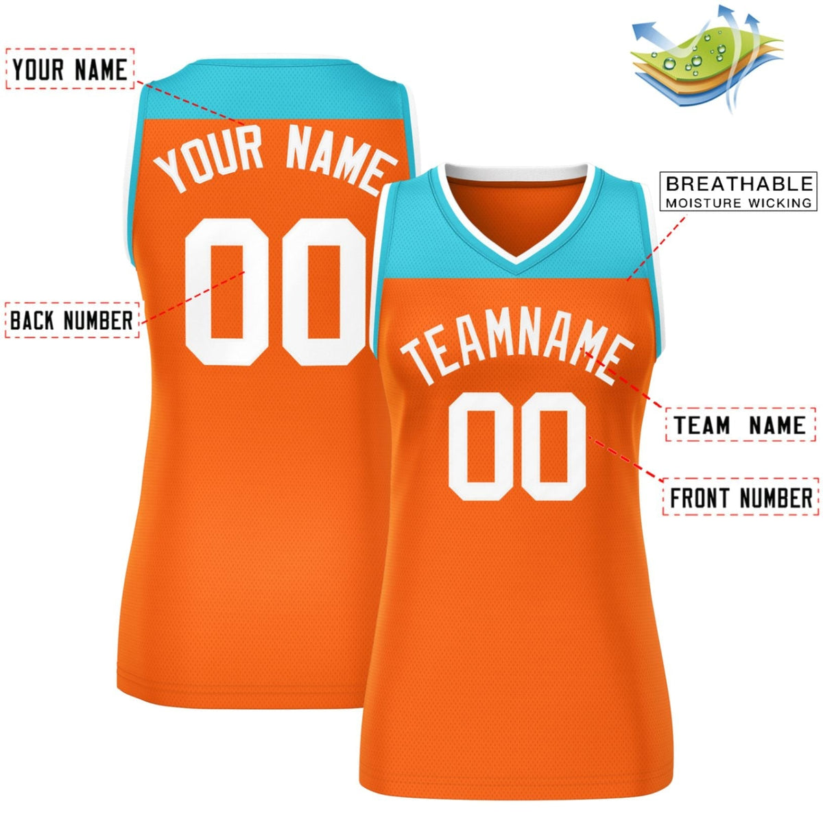 Custom Aqua Orange Color Block Fashion Tops Mesh Basketball Jersey For Women Limited