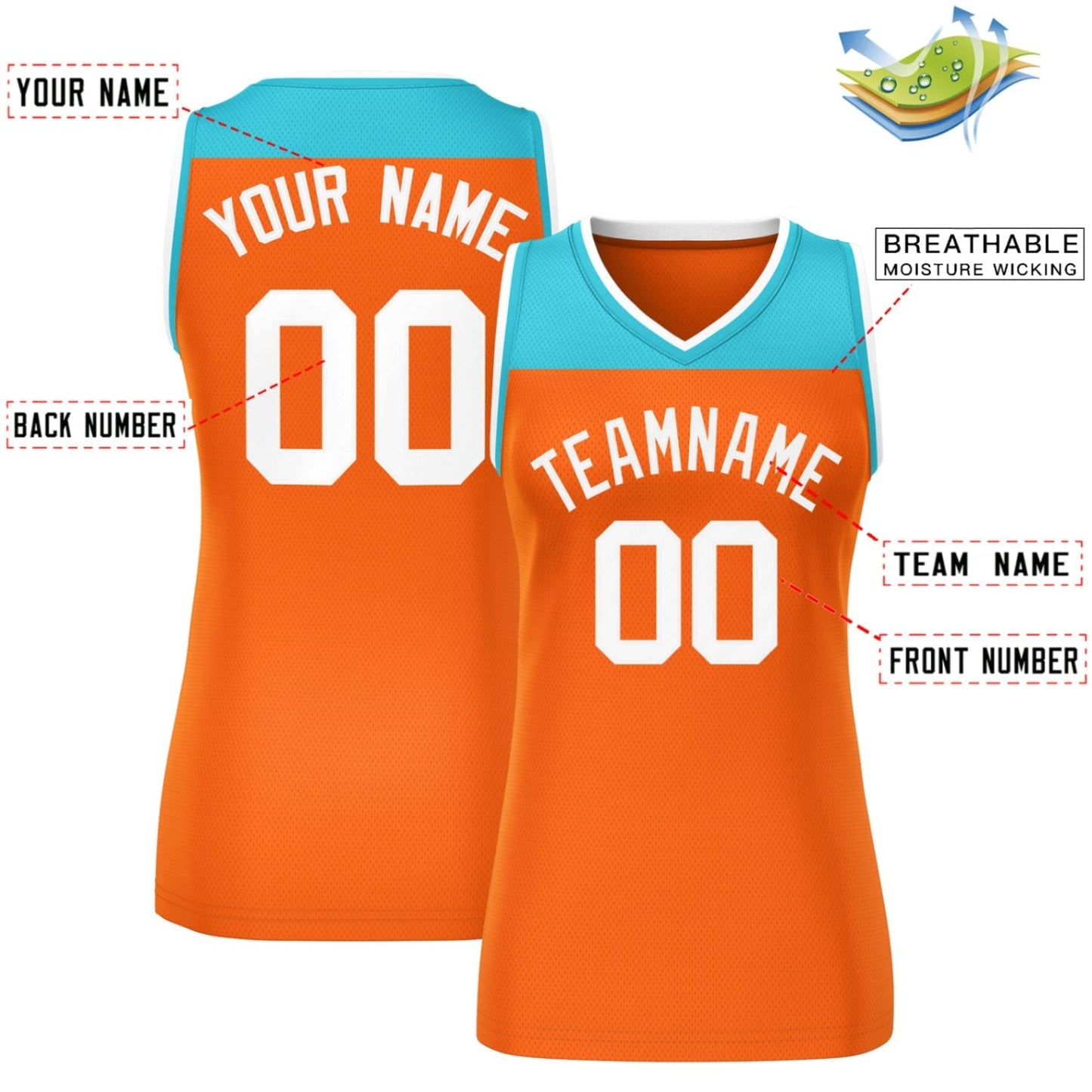 Custom Aqua Orange Color Block Fashion Tops Mesh Basketball Jersey For Women Limited