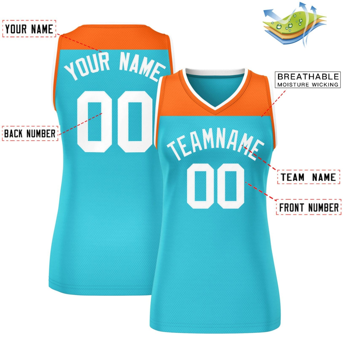 Custom Orange Aqua Color Block Fashion Tops Mesh Basketball Jersey For Women Limited