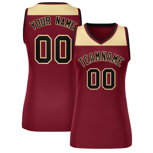 Custom Khaki Crimson Color Block Fashion Tops Mesh Basketball Jersey For Women