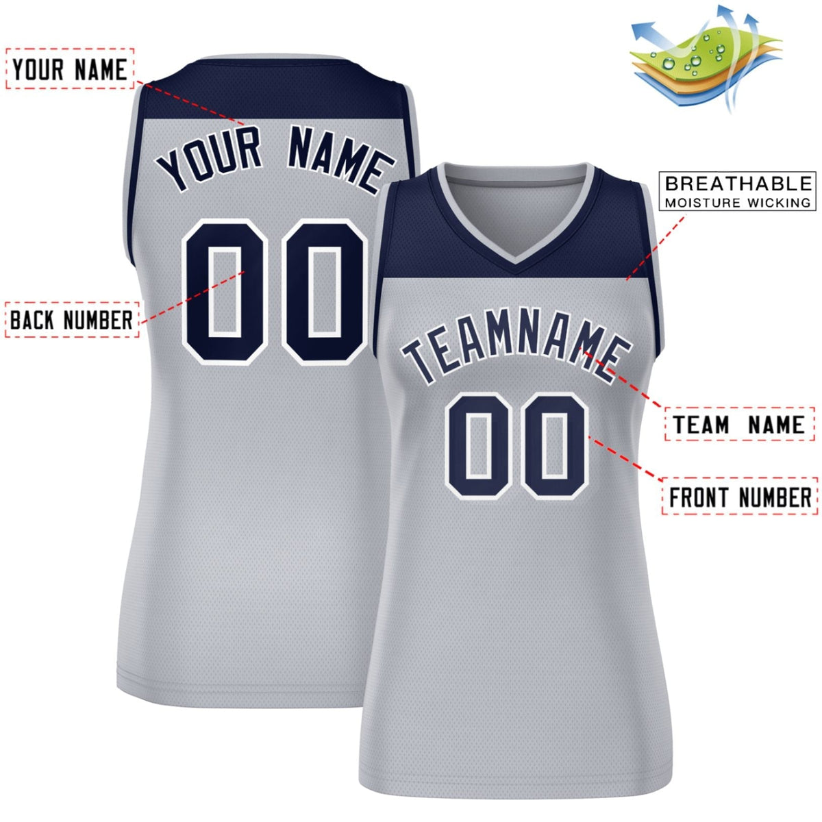 Custom Navy Gray Color Block Fashion Tops Mesh Basketball Jersey For Women Limited