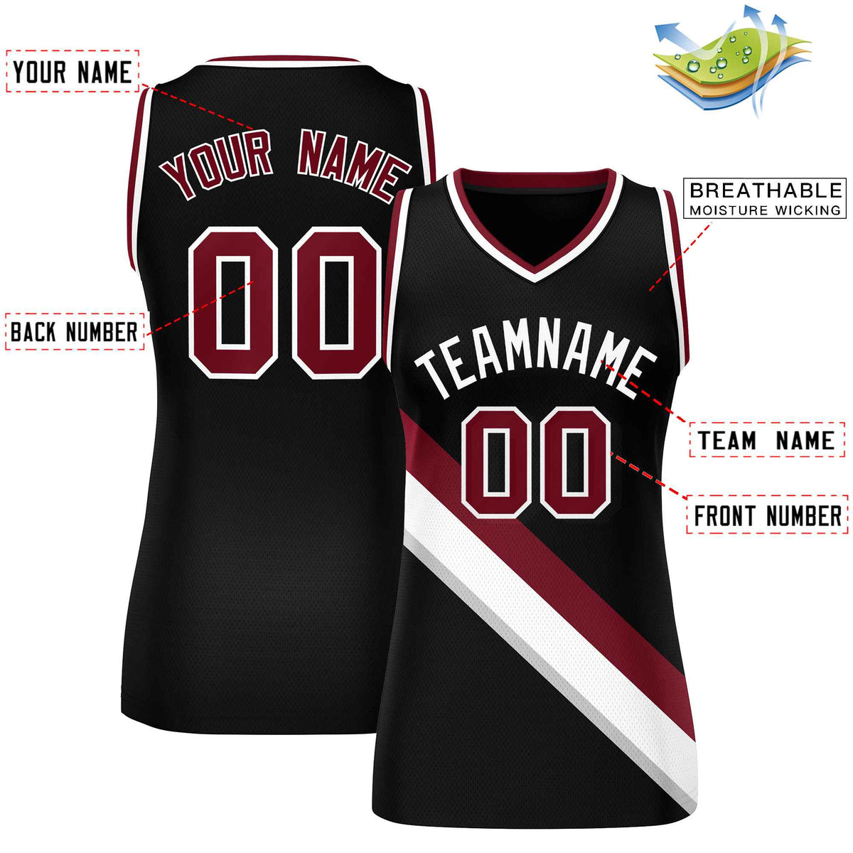 Custom Black Crimson-White Thick Slash Fashion Tops Mesh Basketball Jersey For Women Limited