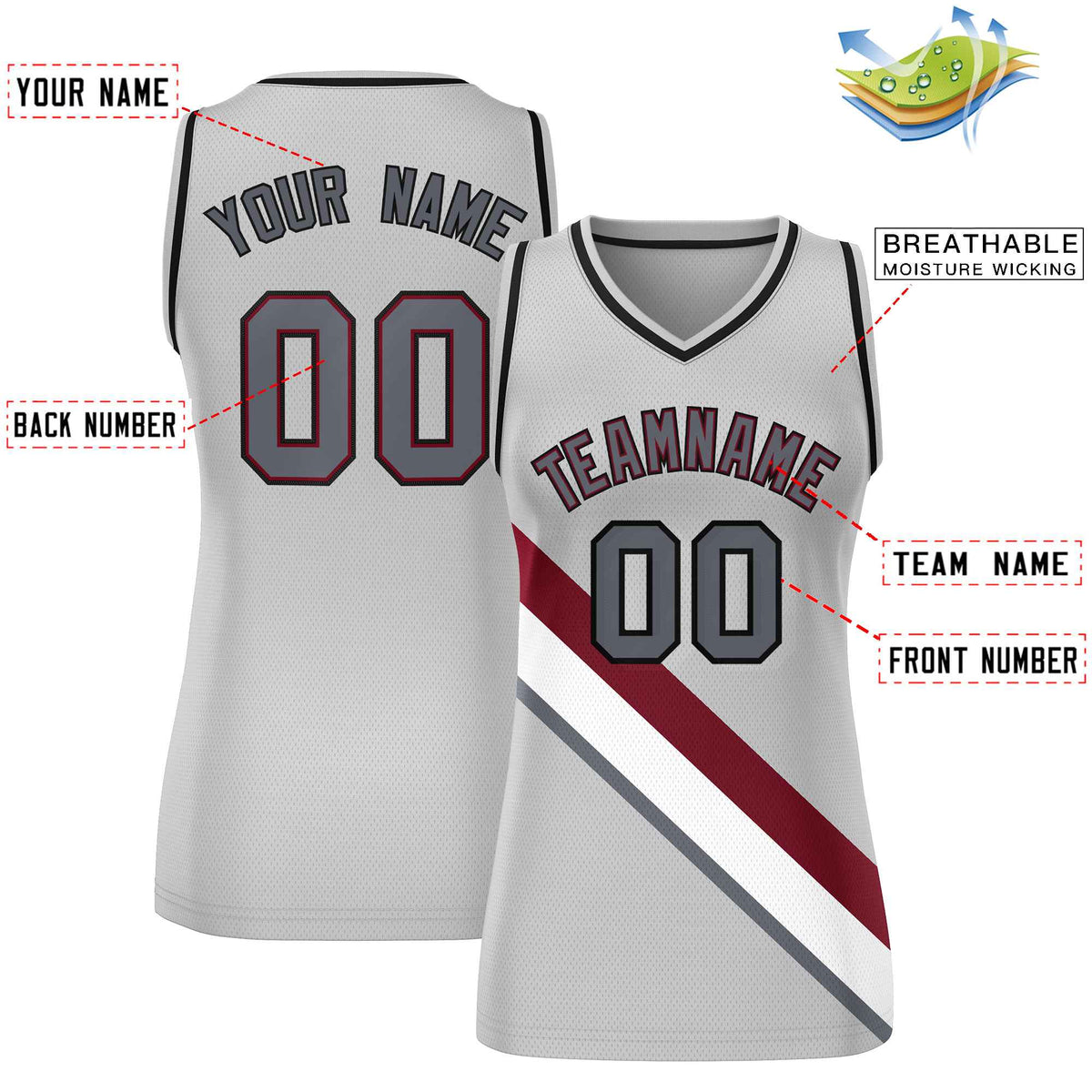 Custom Gray Black-Gray Thick Slash Fashion Tops Mesh Basketball Jersey For Women Limited