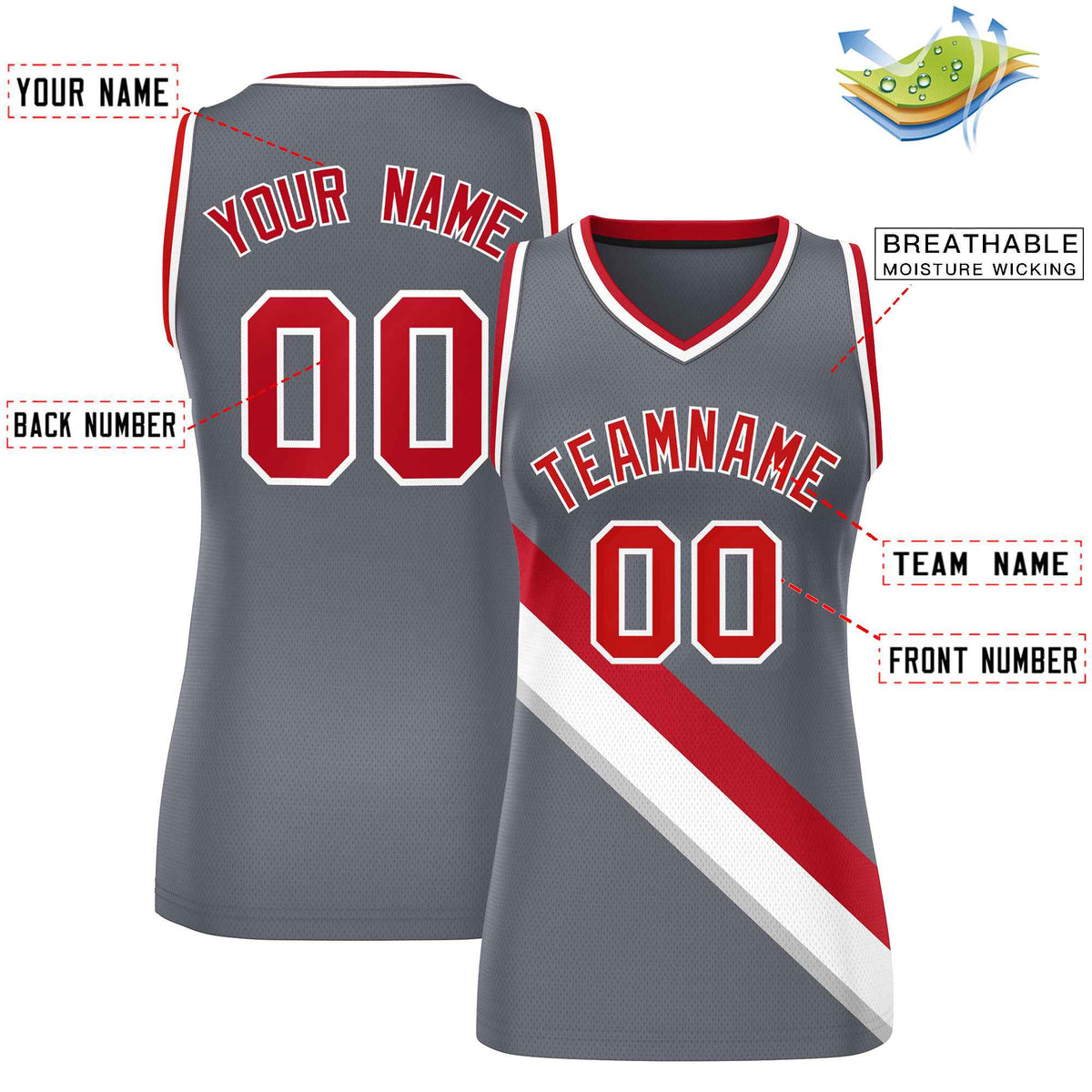 Custom Dark Gray White-Red Thick Slash Fashion Tops Mesh Basketball Jersey For Women Limited