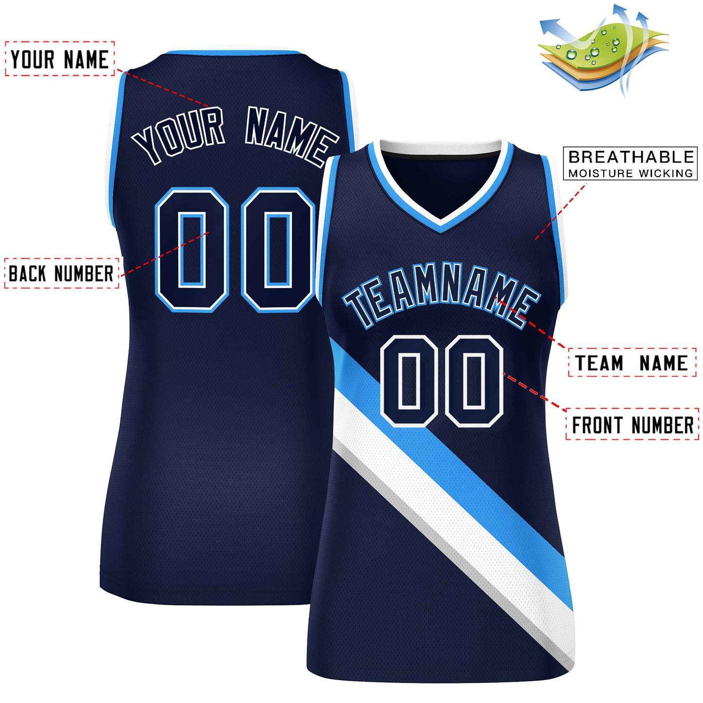 Custom Navy Powder Blue-White Thick Slash Fashion Tops Mesh Basketball Jersey For Women Limited