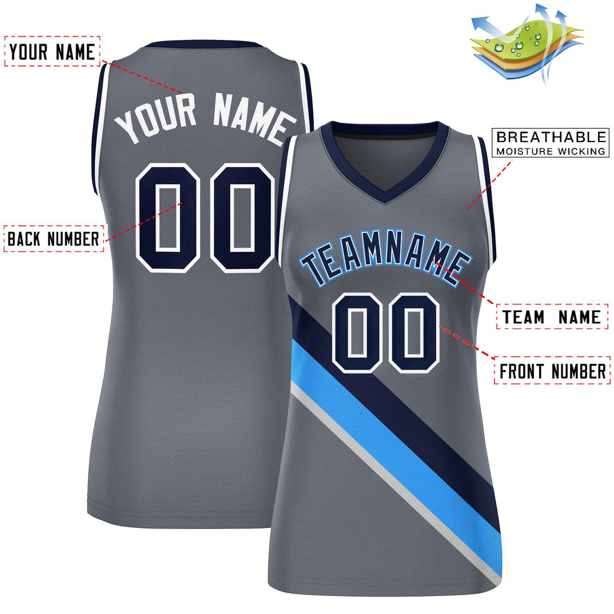 Custom Dark Gray White-Navy Thick Slash Fashion Tops Mesh Basketball Jersey For Women Limited