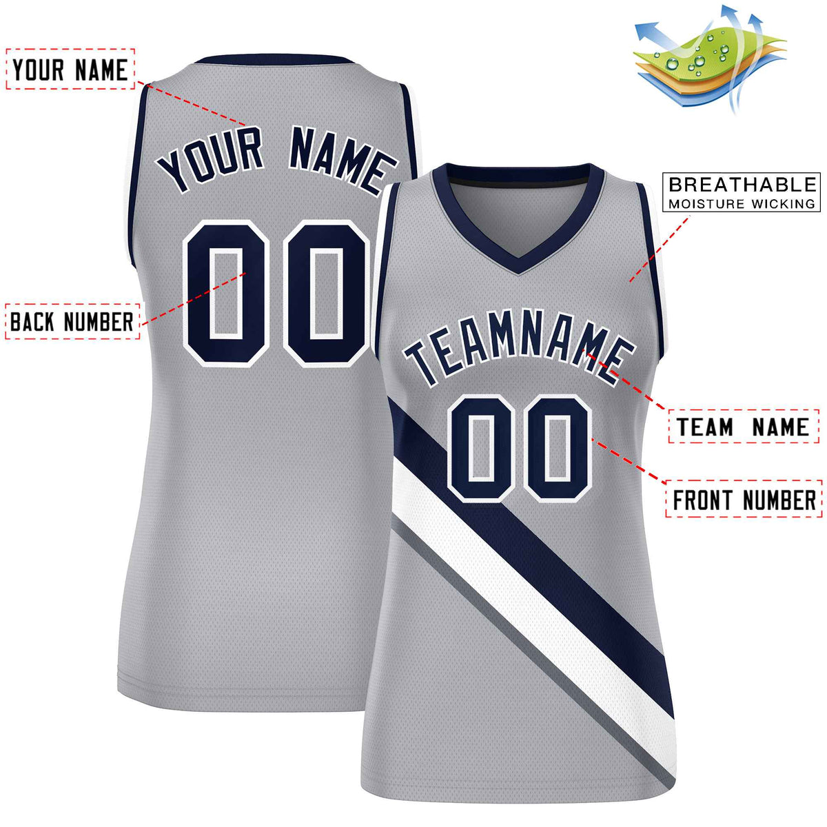 Custom Light Gray Navy-White Thick Slash Fashion Tops Mesh Basketball Jersey For Women Limited