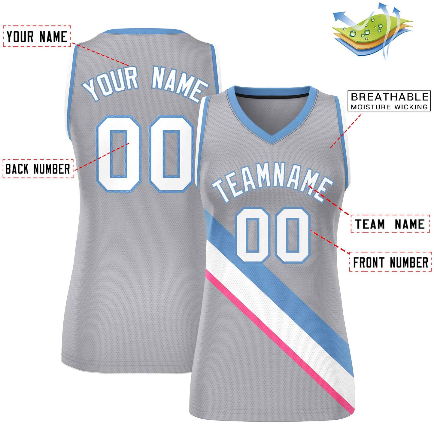 Custom Light Gray White-Light Blue Thick Slash Fashion Tops Mesh Basketball Jersey For Women Limited