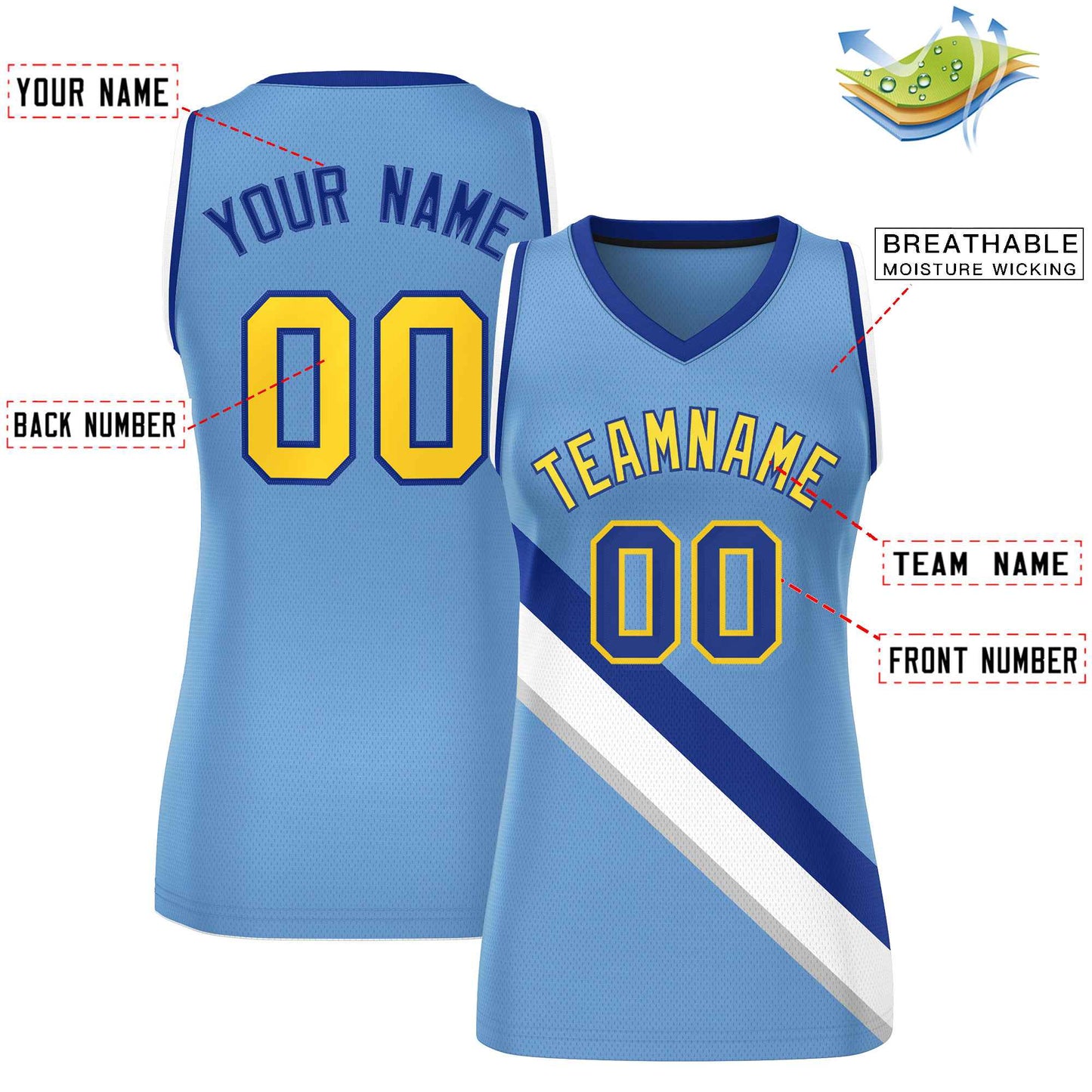 Custom Light Blue White-Royal Thick Slash Fashion Tops Mesh Basketball Jersey For Women Limited