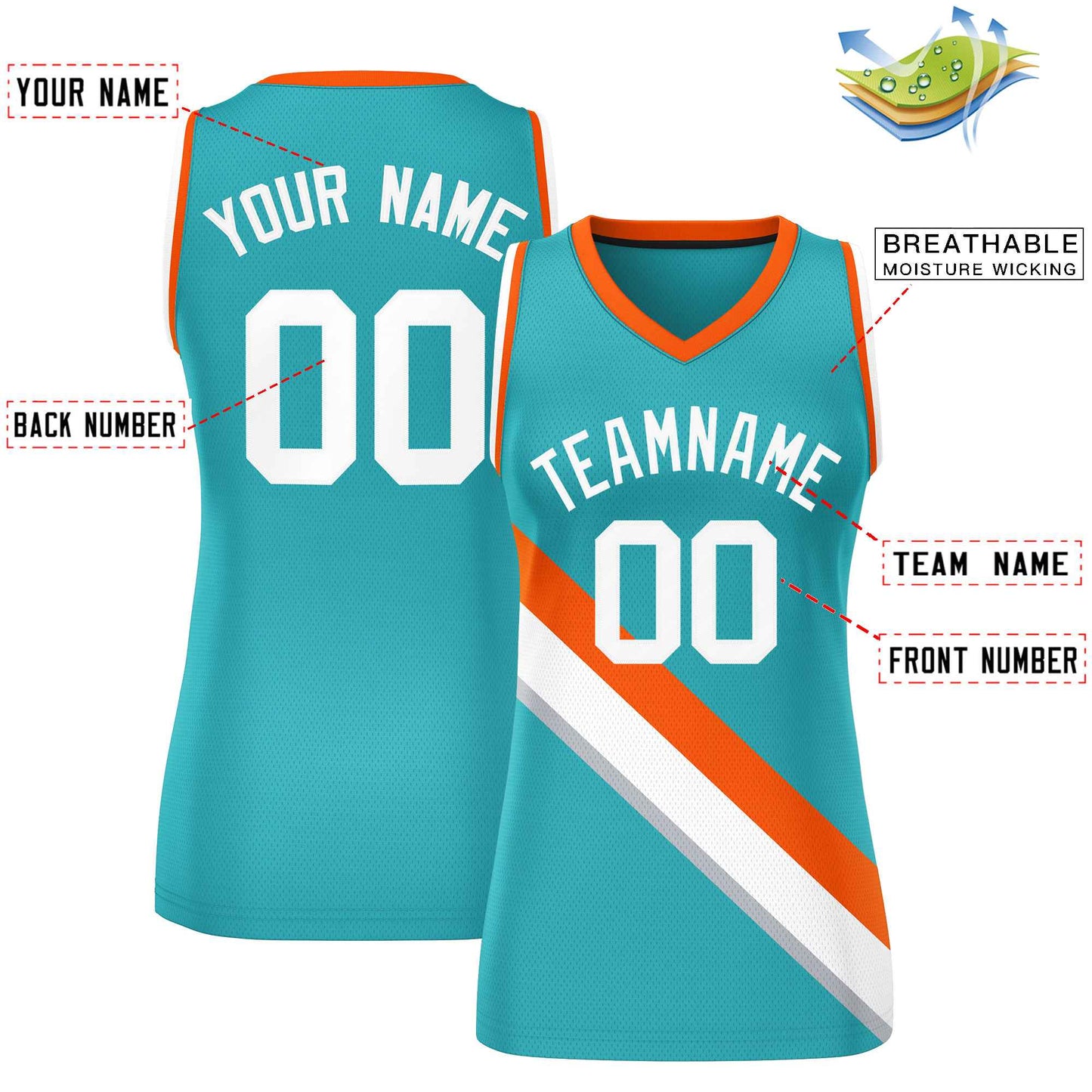 Custom Aqua Orange-White Thick Slash Fashion Tops Mesh Basketball Jersey For Women Limited