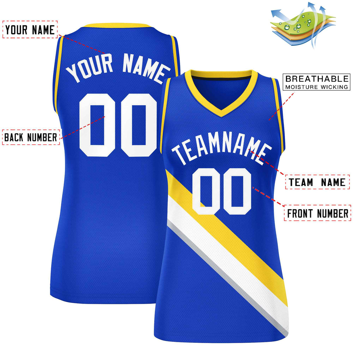 Custom Royal Gold-Royal Thick Slash Fashion Tops Mesh Basketball Jersey For Women Limited