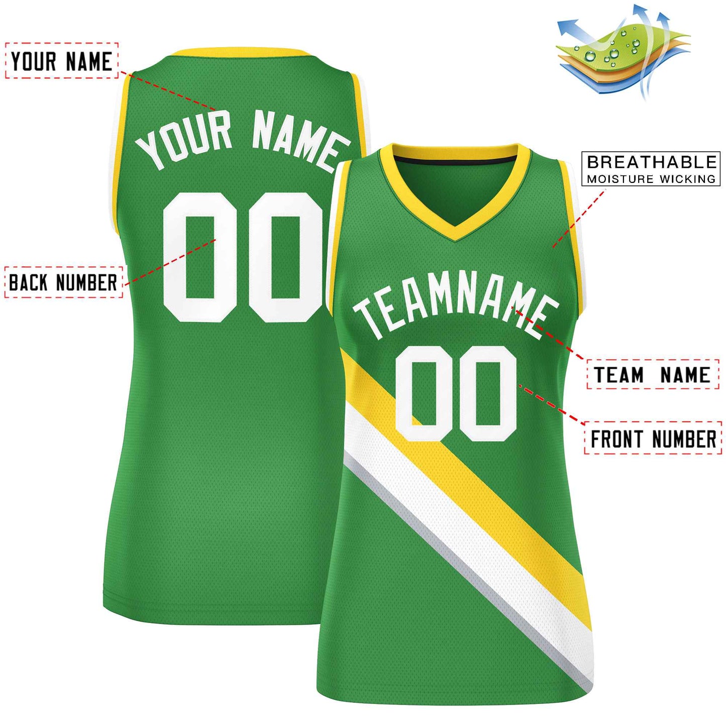 Custom Kelly Green Gold-White Thick Slash Fashion Tops Mesh Basketball Jersey For Women Limited