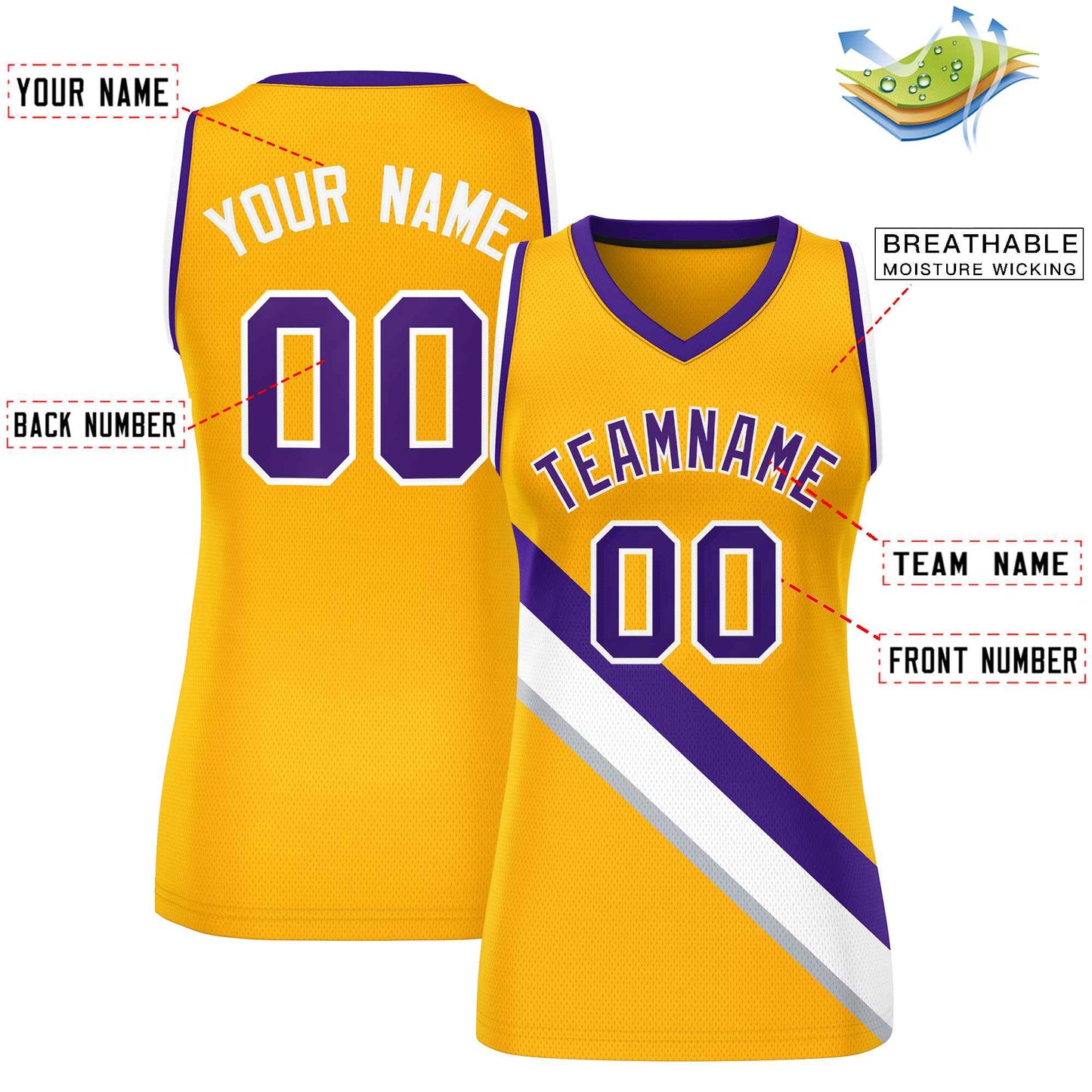 Custom Yellow Purple-White Thick Slash Fashion Tops Mesh Basketball Jersey For Women Limited
