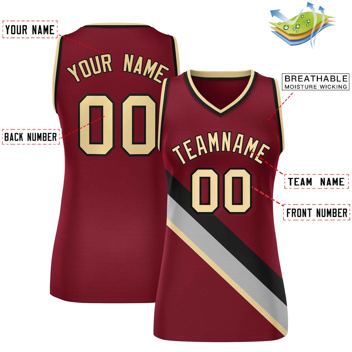 Custom Crimson Black-Khaki Thick Slash Fashion Tops Mesh Basketball Jersey For Women Limited
