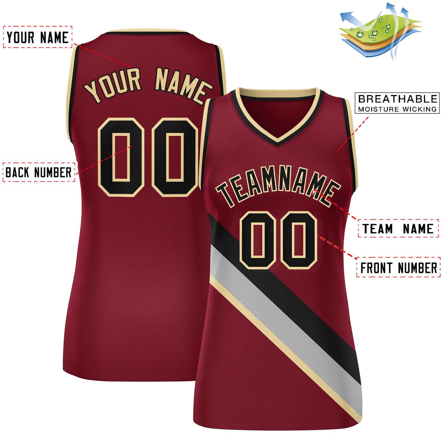 Custom Crimson Black-Khaki Thick Slash Fashion Tops Mesh Basketball Jersey For Women Limited