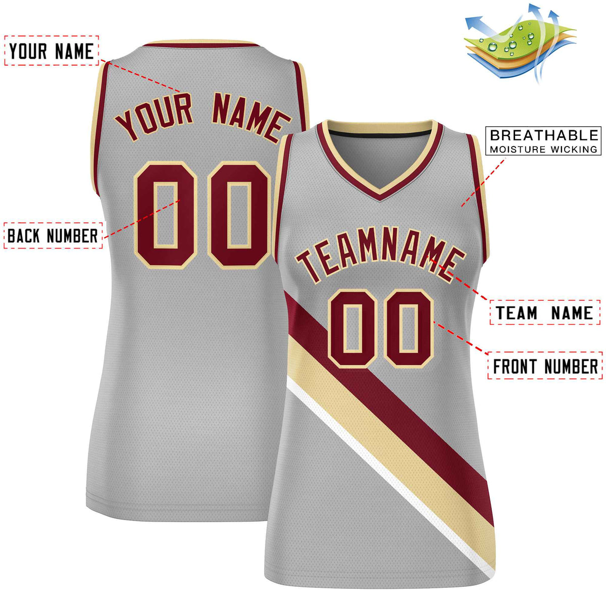 Custom Light Gray Crimson-Khaki Thick Slash Fashion Tops Mesh Basketball Jersey For Women Limited