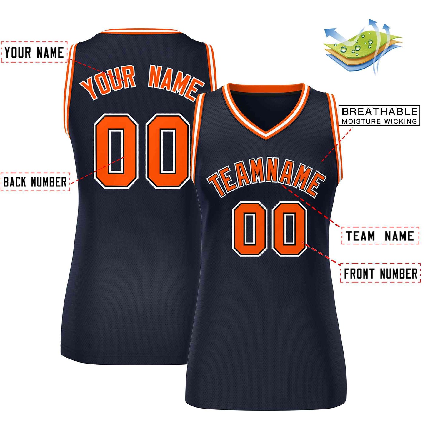 Custom Navy Blue Orange-White Classic Tops Mesh Basketball Jersey for Women Limited