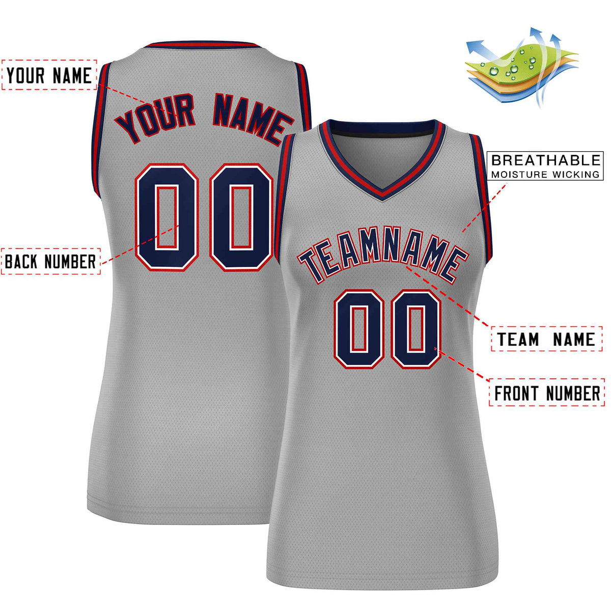 Custom Gray Navy-Red Classic Tops Mesh Basketball Jersey for Women Limited