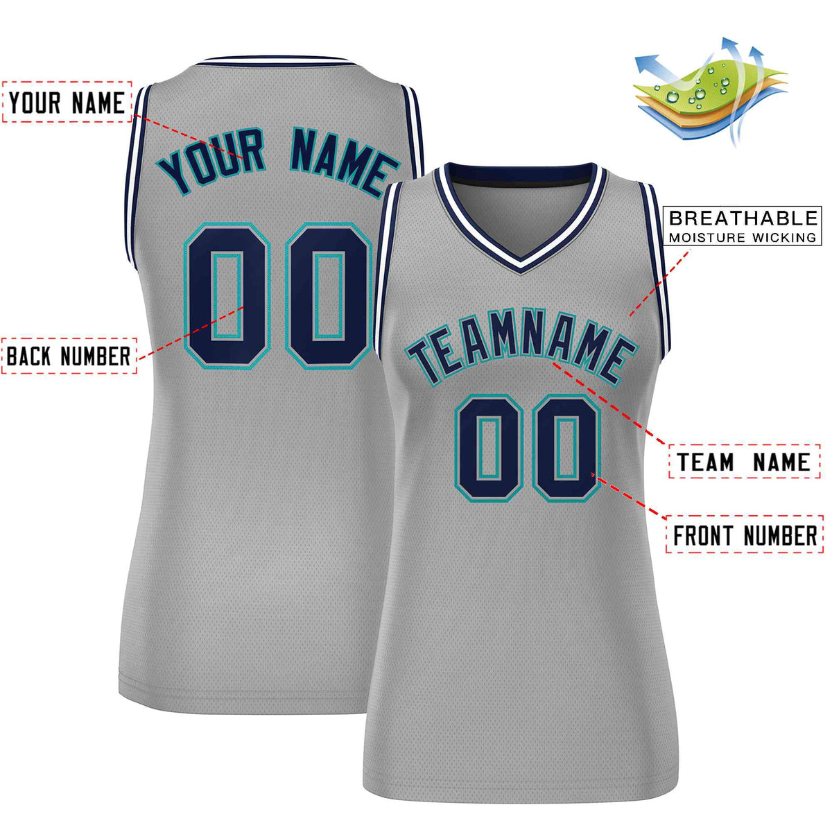 Custom Gray Navy-Aqua Classic Tops Mesh Basketball Jersey for Women Limited