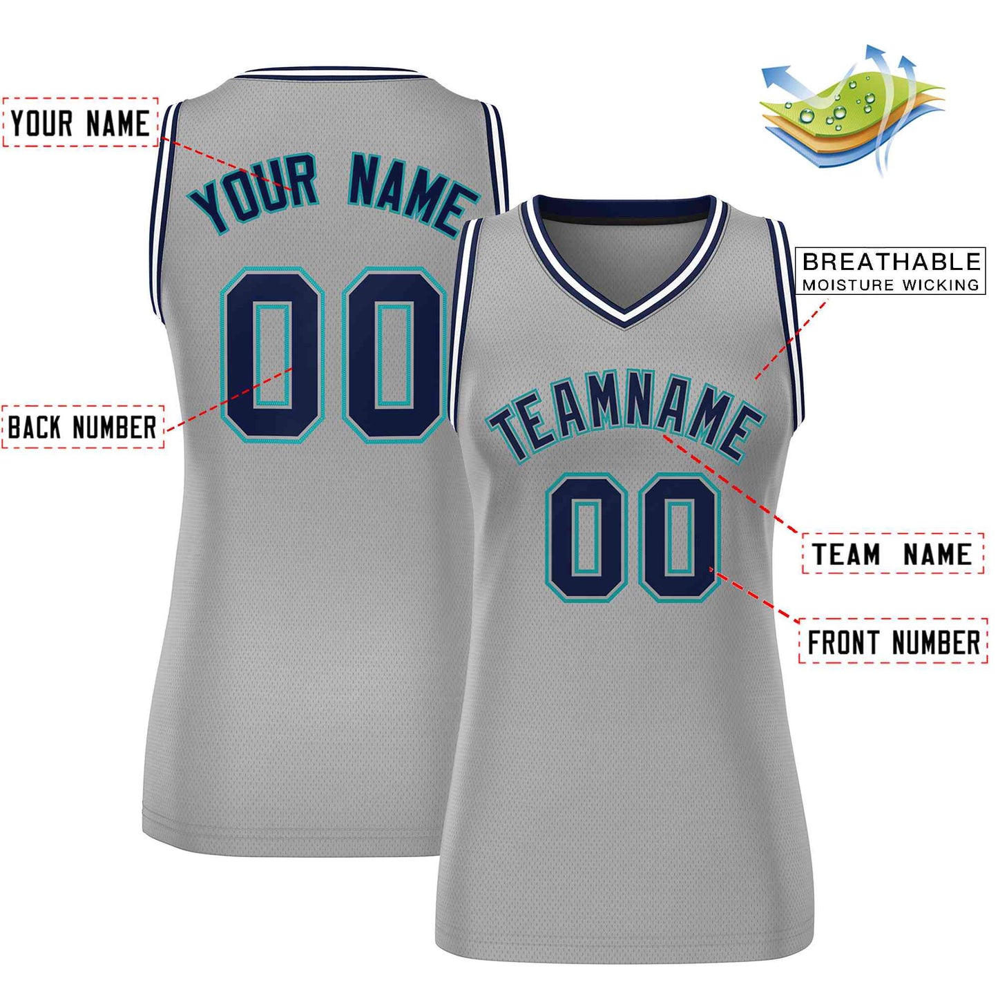 Custom Gray Navy-Aqua Classic Tops Mesh Basketball Jersey for Women Limited