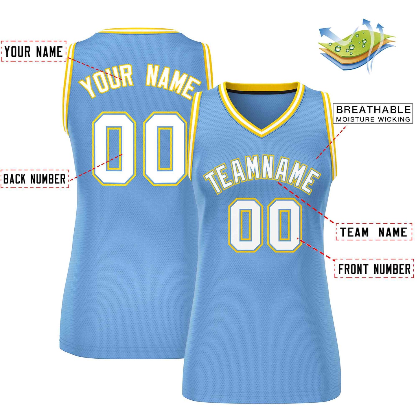 Custom Light Blue White-Gold Classic Tops Mesh Basketball Jersey for Women Limited
