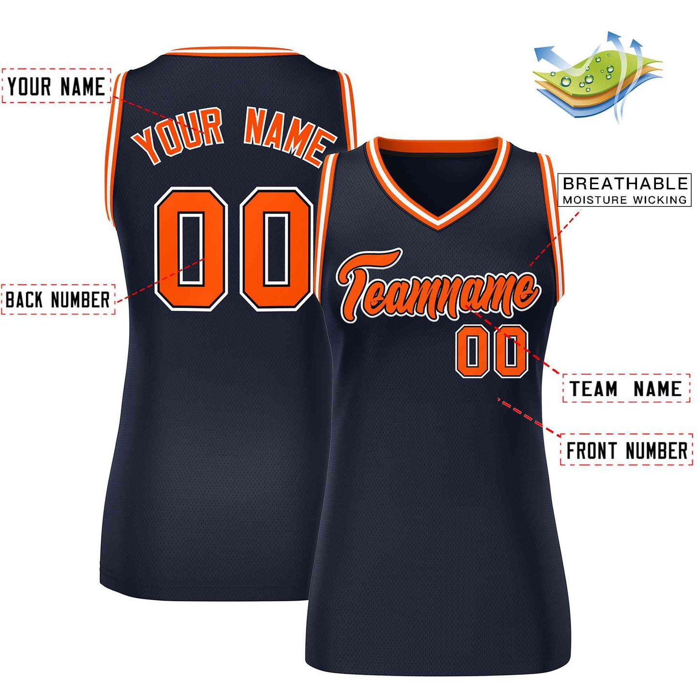 Custom Navy Blue Orange-White Classic Tops Mesh Basketball Jersey for Women Limited