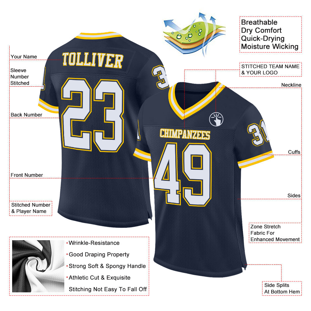 Custom Navy White-Gold Mesh Authentic Throwback Football Jersey Limited