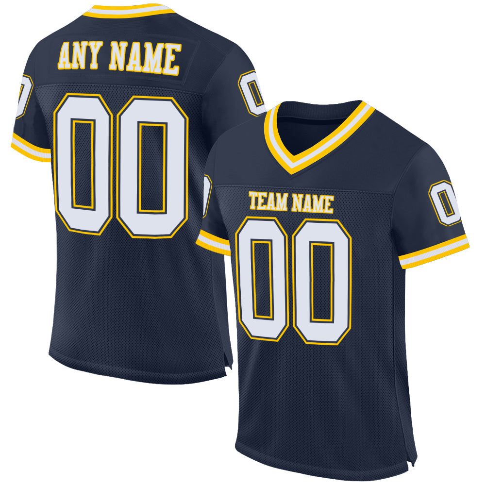 Custom Navy White-Gold Mesh Authentic Throwback Football Jersey Limited