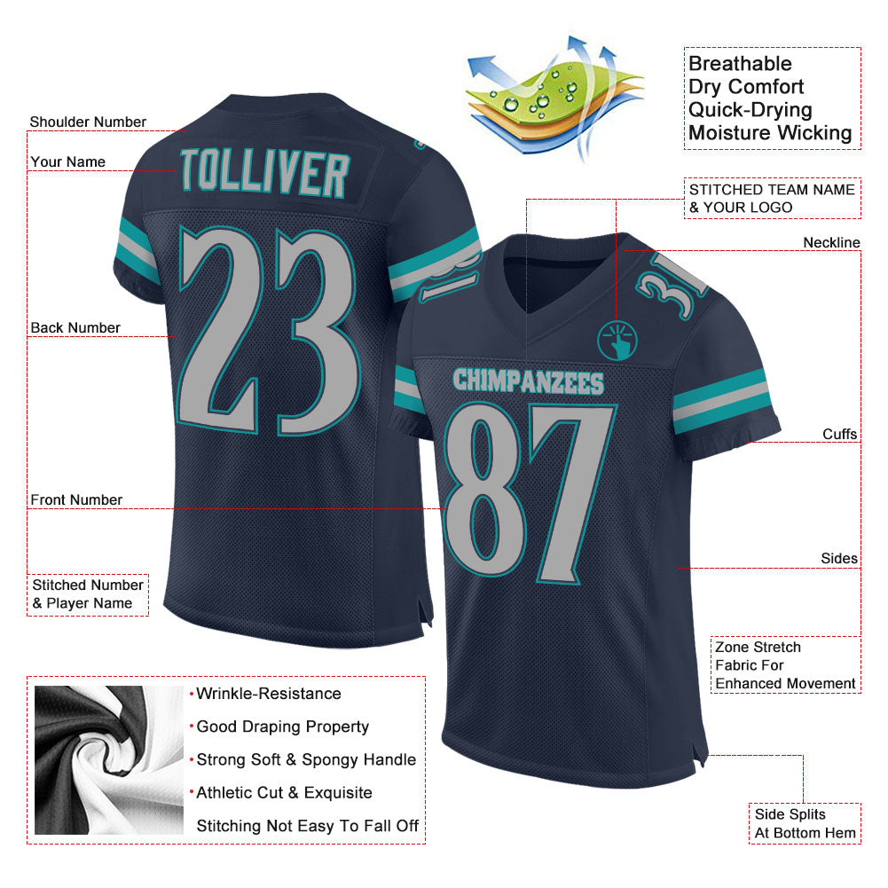 Custom Navy Gray-Aqua Mesh Authentic Football Jersey Limited