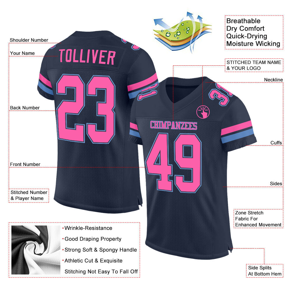 Custom Navy Pink-Light Blue Mesh Authentic Football Jersey Limited