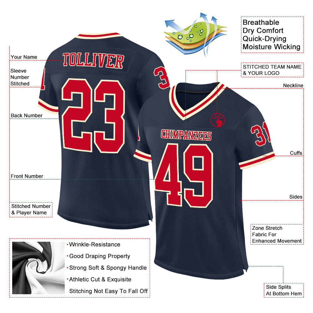 Custom Navy Red-Cream Mesh Authentic Throwback Football Jersey Limited