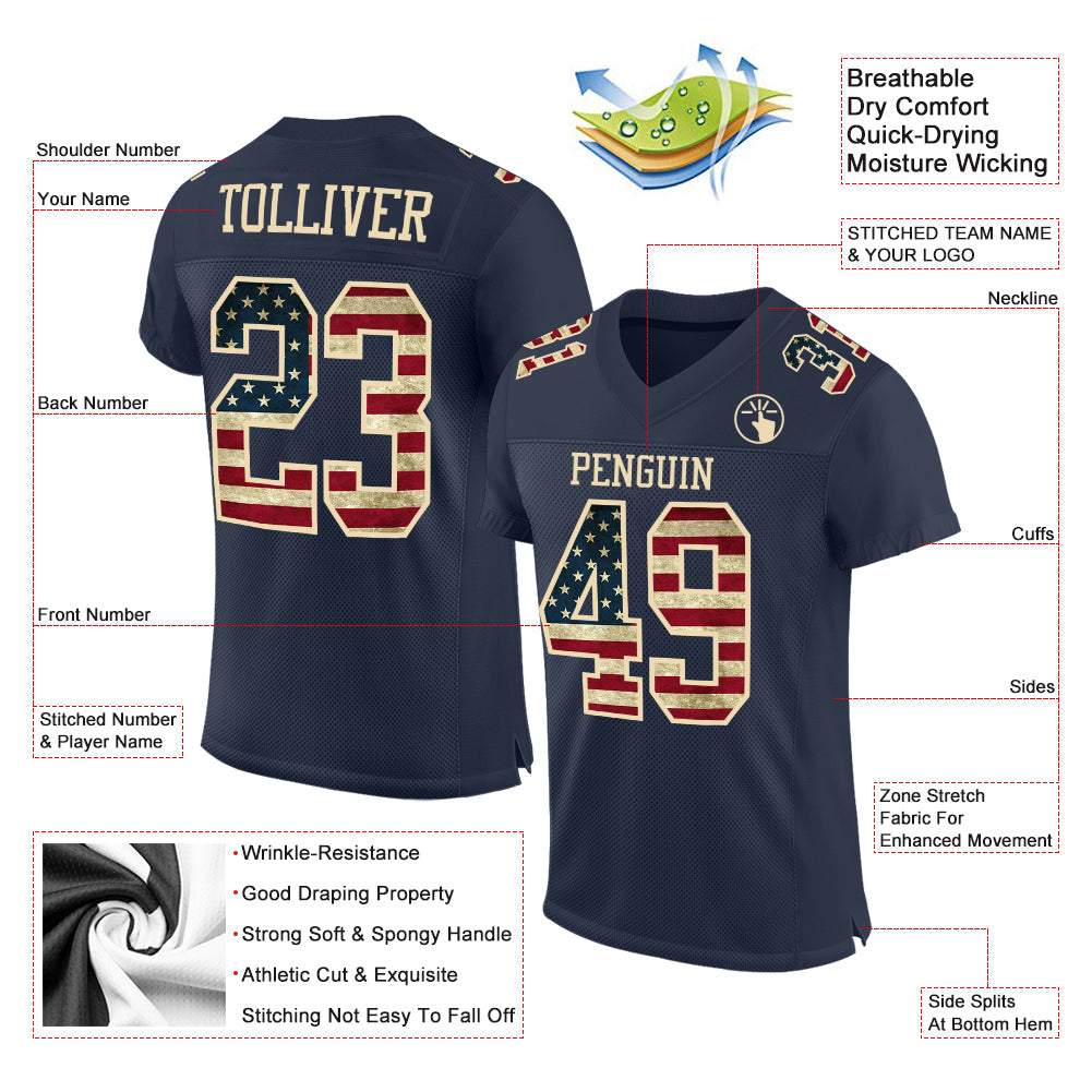 Custom Navy Vintage USA Flag-Cream Mesh Authentic Football Jersey Limited