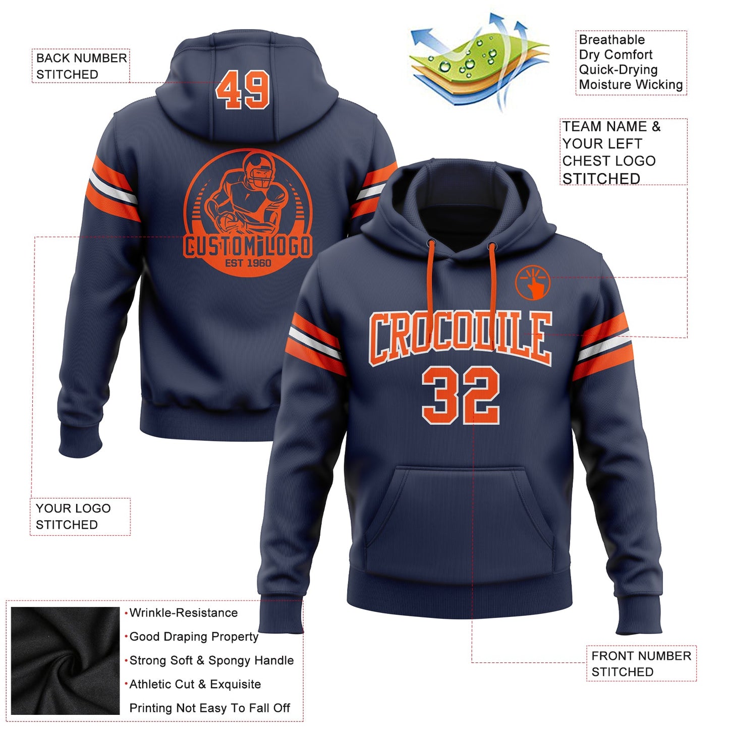 Custom Stitched Navy Orange-White Football Pullover Sweatshirt Hoodie Limited