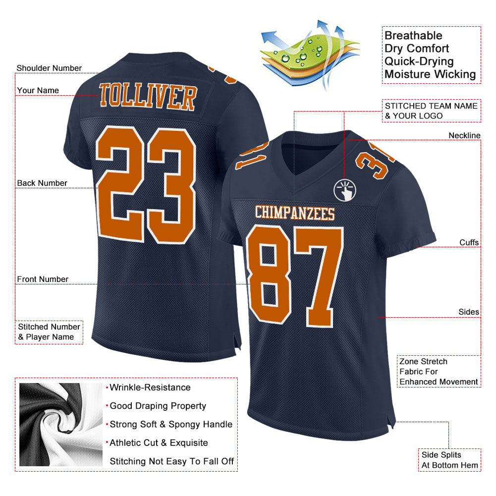 Custom Navy Texas Orange-White Mesh Authentic Football Jersey Limited