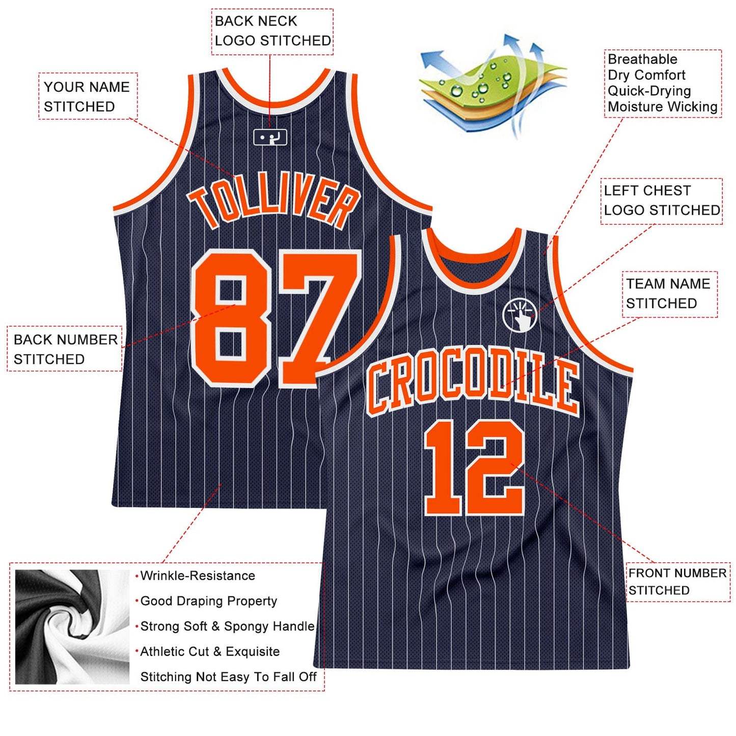 Custom Navy White Pinstripe Orange Authentic Basketball Jersey Limited