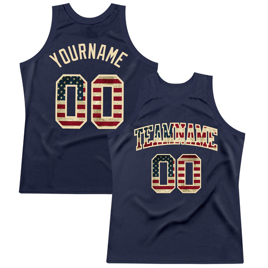 Custom Navy Vintage Usa Flag-City Cream Authentic Throwback Basketball Jersey