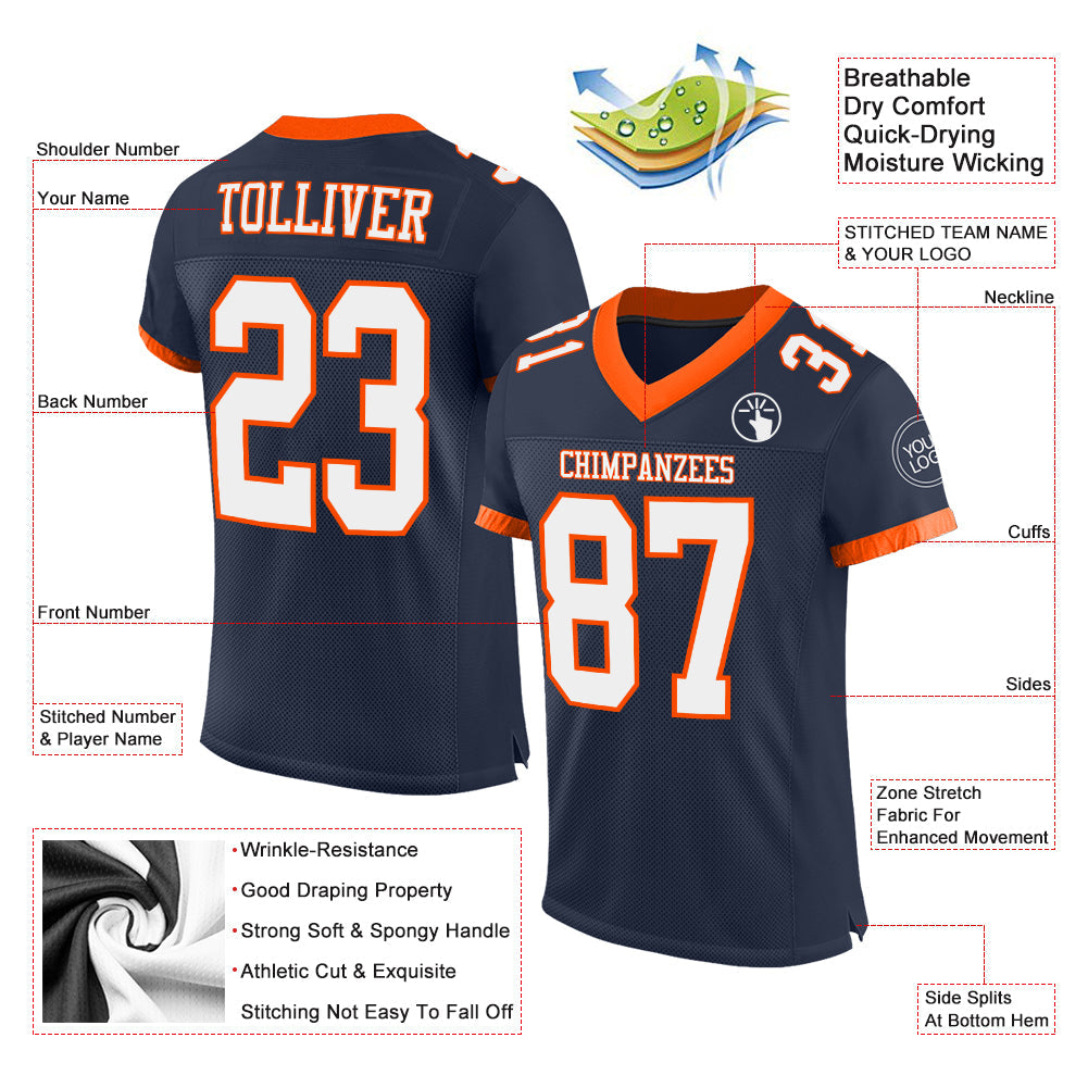 Custom Navy White-Orange Mesh Authentic Football Jersey Limited
