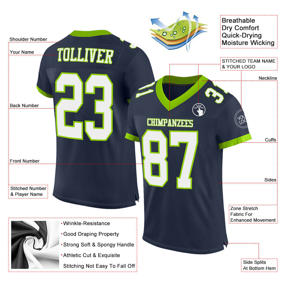 Custom Navy White-Neon Green Mesh Authentic Football Jersey Limited