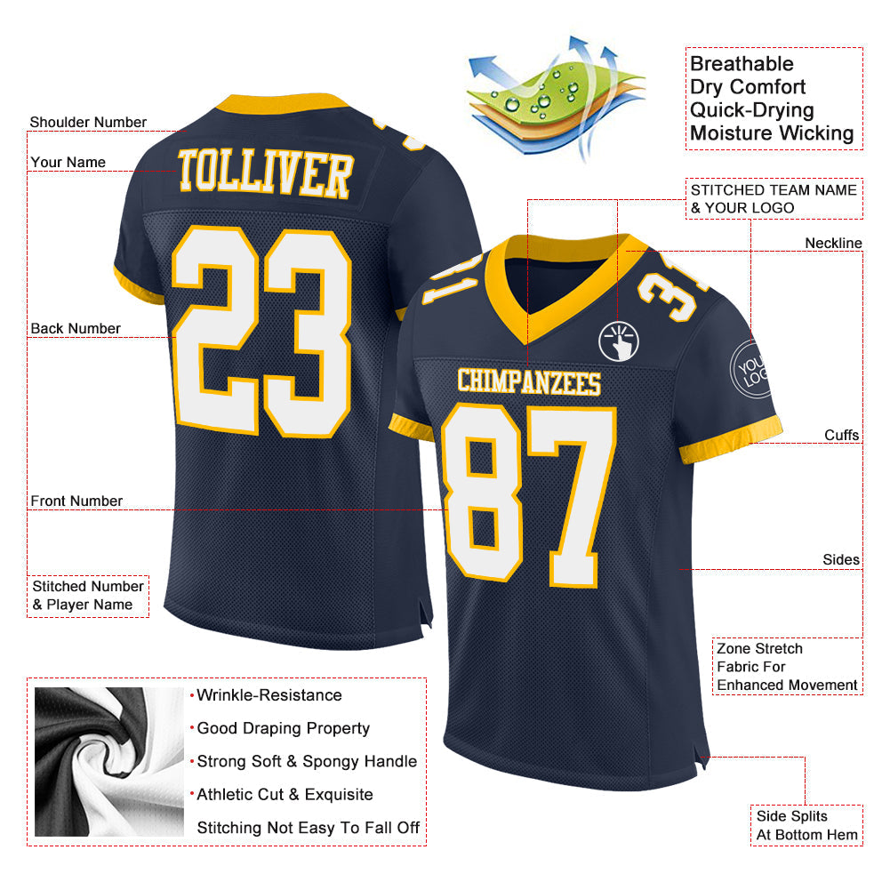 Custom Navy White-Gold Mesh Authentic Football Jersey Limited