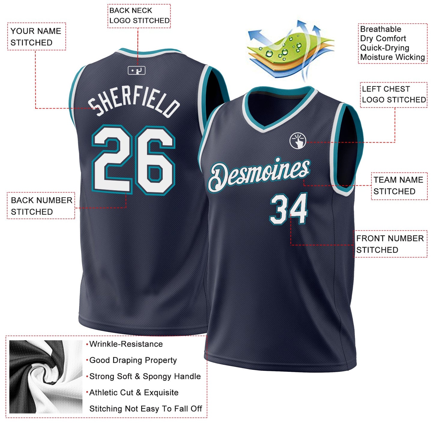 Custom Navy White-Teal Authentic Throwback Basketball Jersey Limited