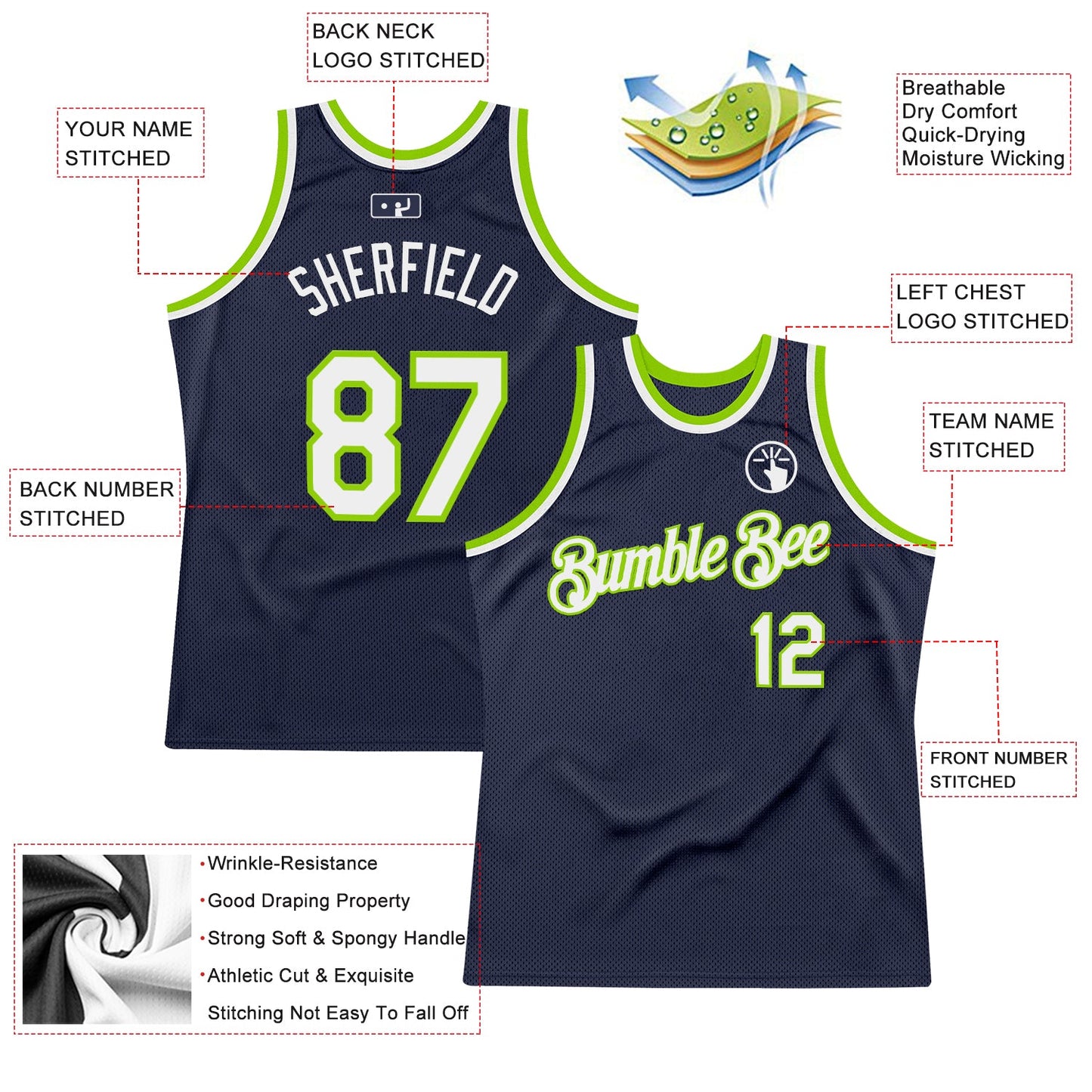 Custom Navy White-Neon Green Authentic Throwback Basketball Jersey Limited