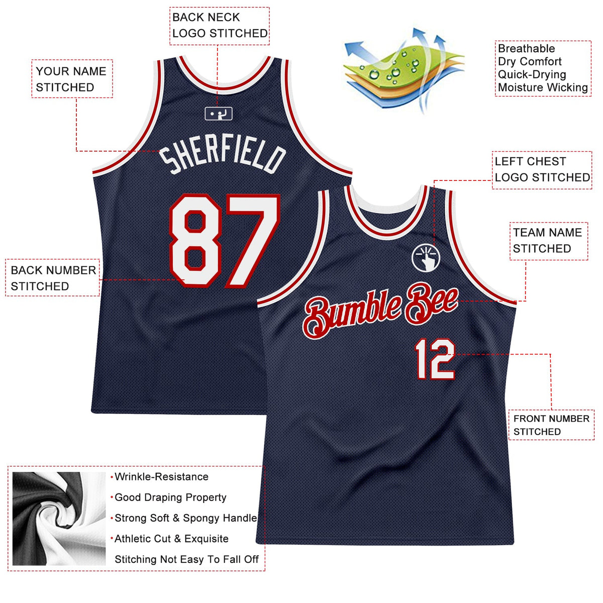 Custom Navy White-Red Authentic Throwback Basketball Jersey Limited