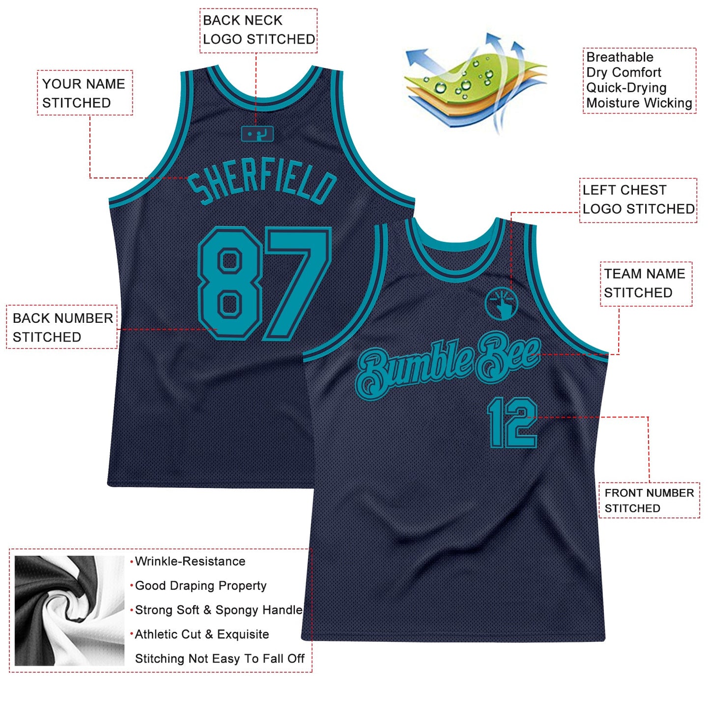 Custom Navy Teal Authentic Throwback Basketball Jersey Limited